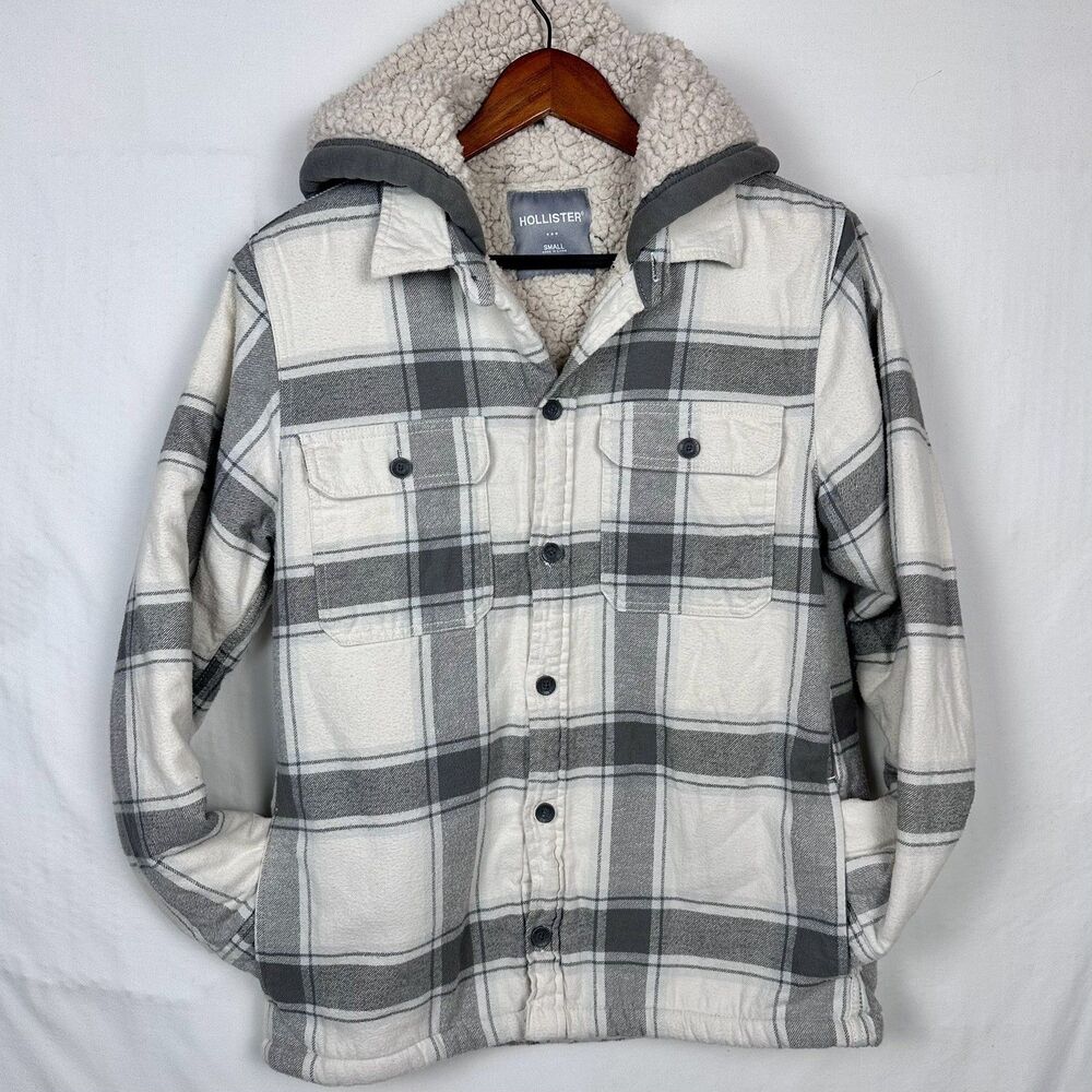 Hollister Flannel Sherpa Lined Shirt Jacket Shacket Hoodie *Men S* Cream Plaid